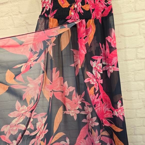 M Venus Navy Pink Floral Halter Cover Up Tunic Top Dress Size M Sheer Smocked - Picture 6 of 11